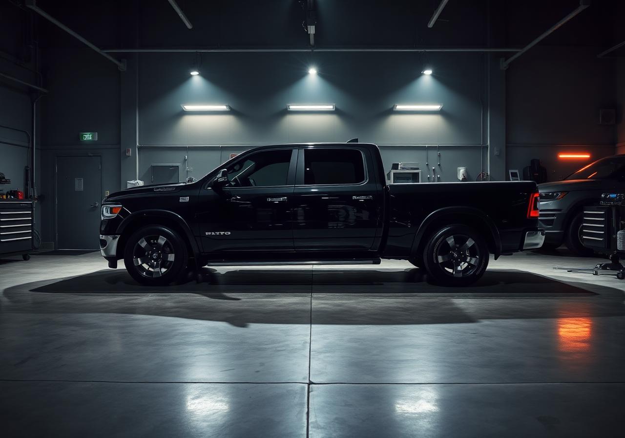 Black pickup truck inside premium detailing garage