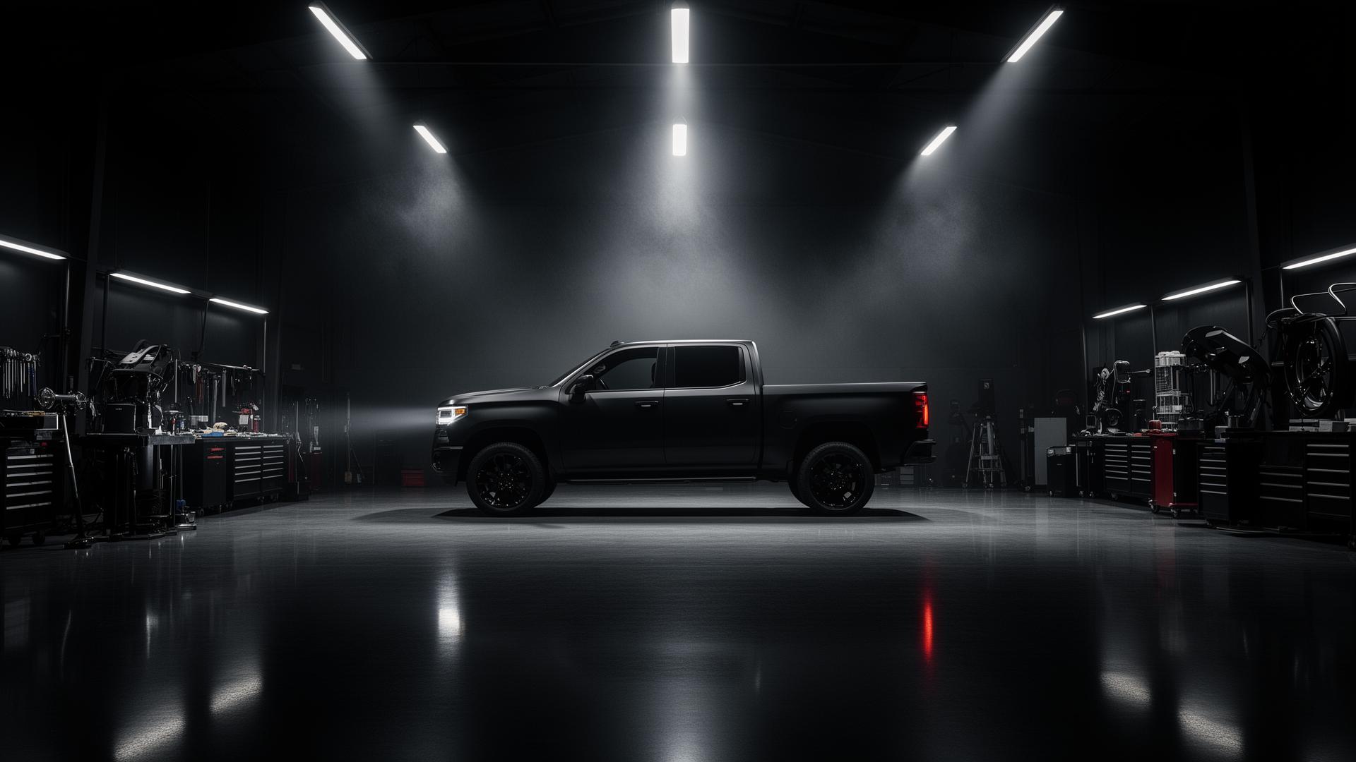 Premium auto workshop with matte black truck under dramatic spotlights