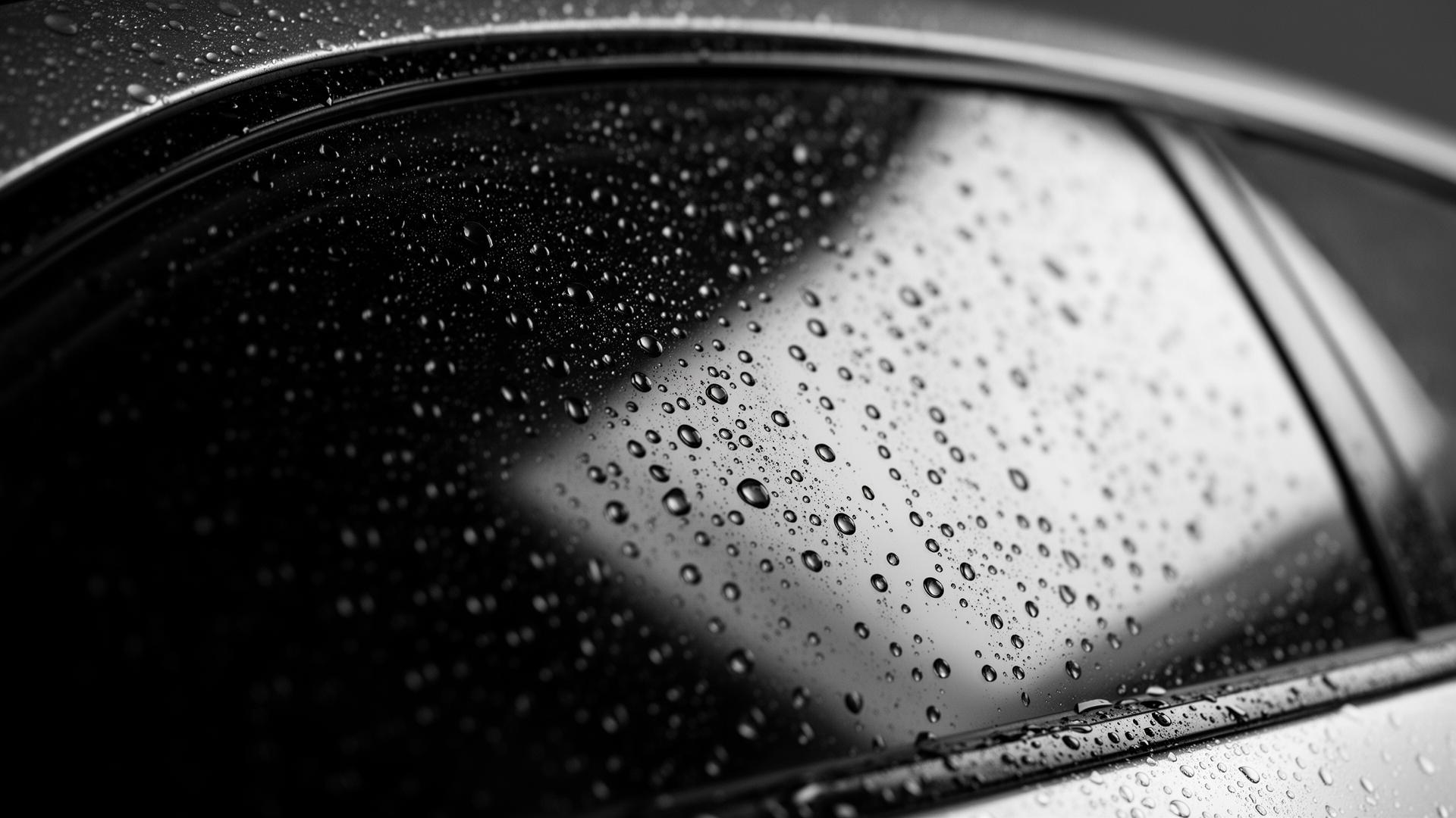 Macro close-up of ceramic tinted car window with water beading