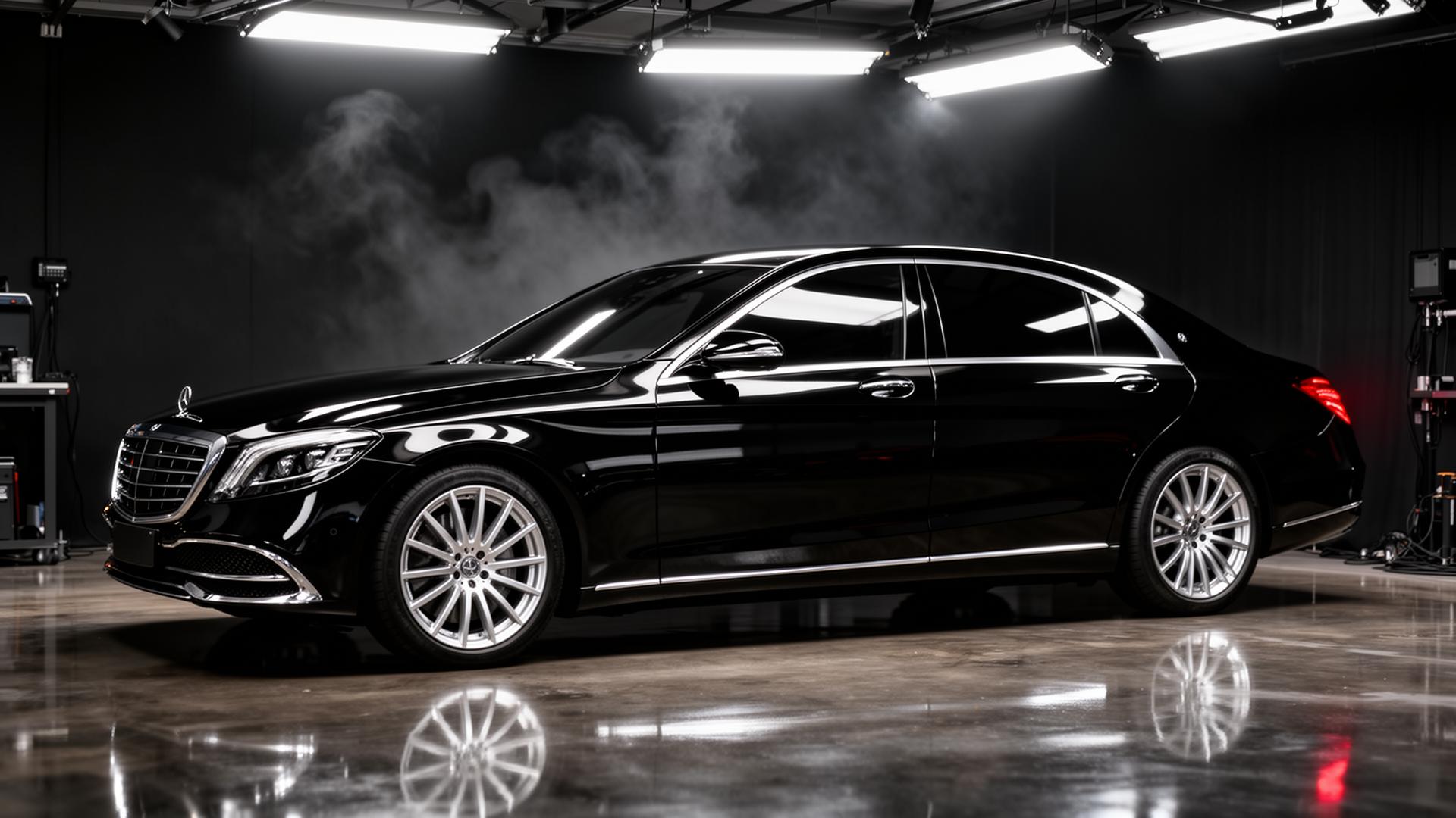 Black luxury sedan in premium auto detailing studio