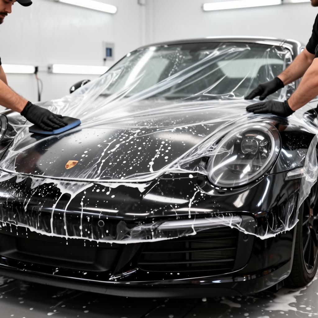Paint protection film installed on black luxury front bumper